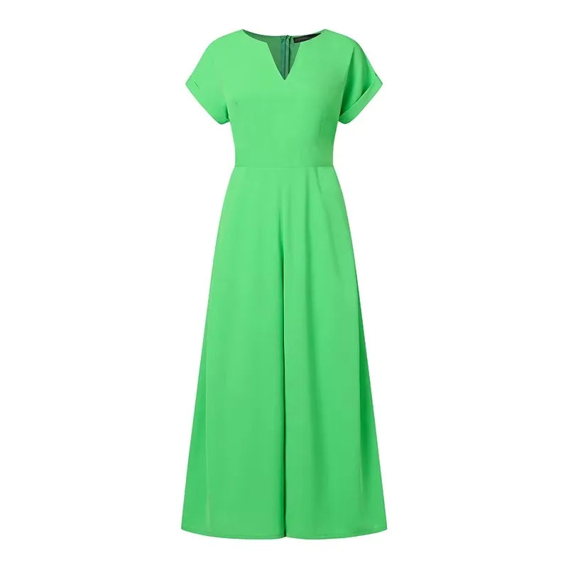 Women's V-Neck Short Sleeve High Waist Wide Leg Jumpsuit