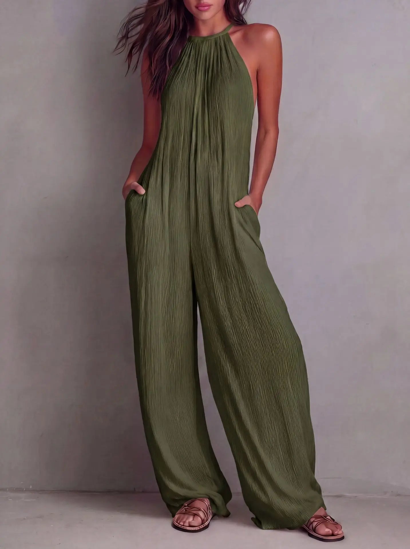 Sundrenched Pleated Halter Jumpsuit