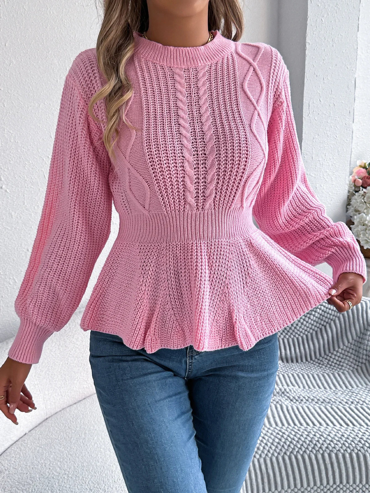Chic Peplum Cable Knit Pullover Sweater