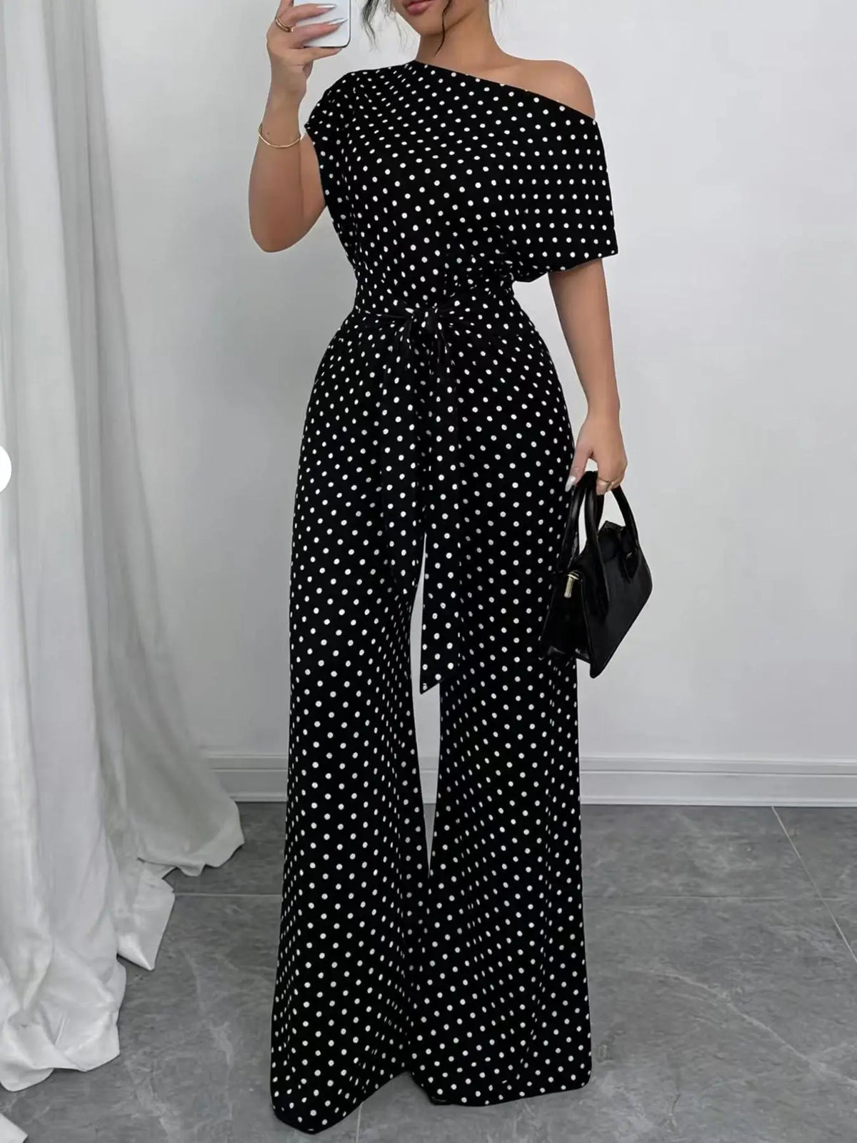 Slanted Shoulder Wide Leg Jumpsuit