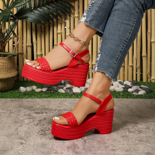 Red Woven Wedge Sandals