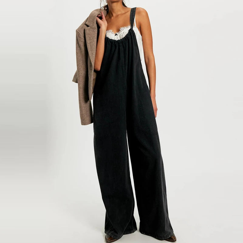 Wide-Leg Denim Overall Jumpsuit