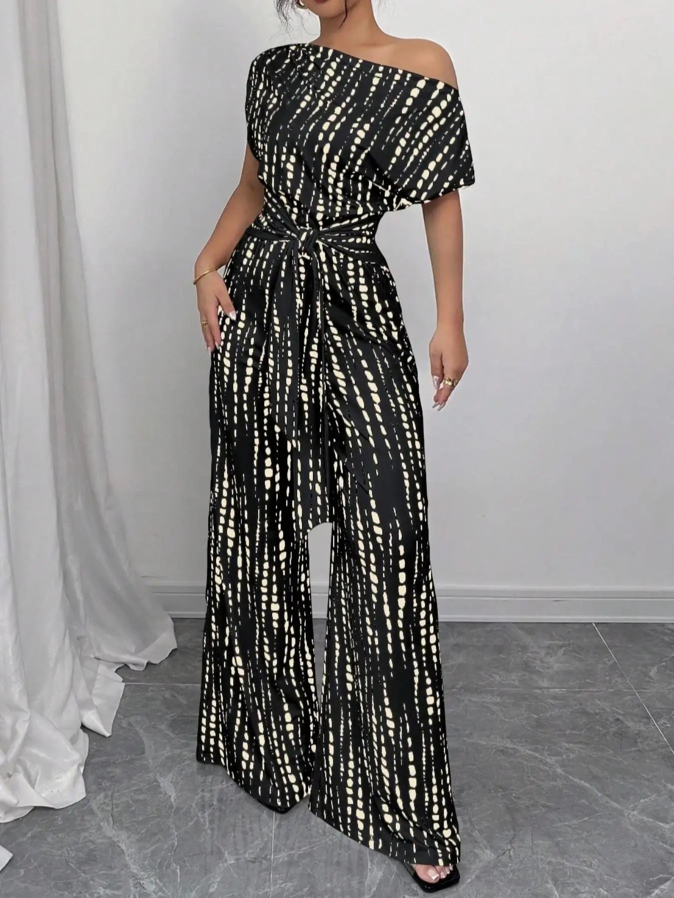 Slanted Shoulder Wide Leg Jumpsuit