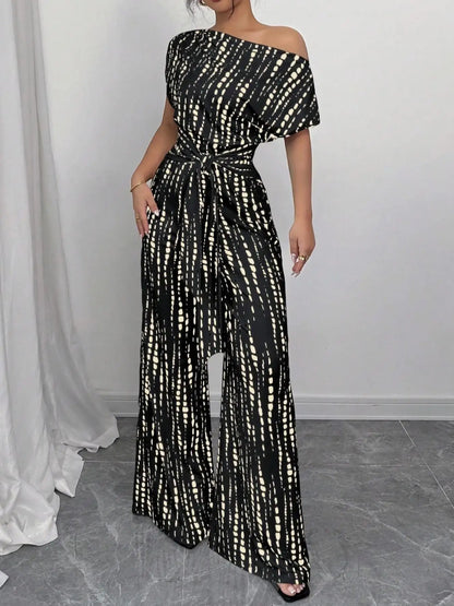 Slanted Shoulder Wide Leg Jumpsuit
