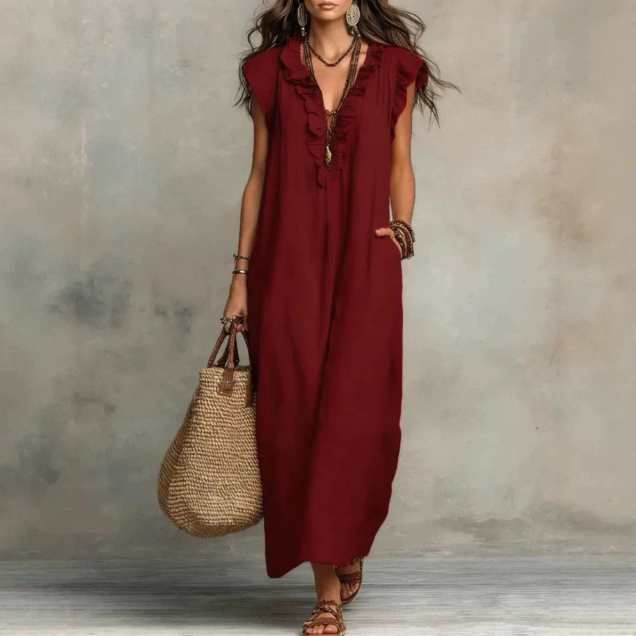 Amara Ruffle V-Neck Maxi Dress