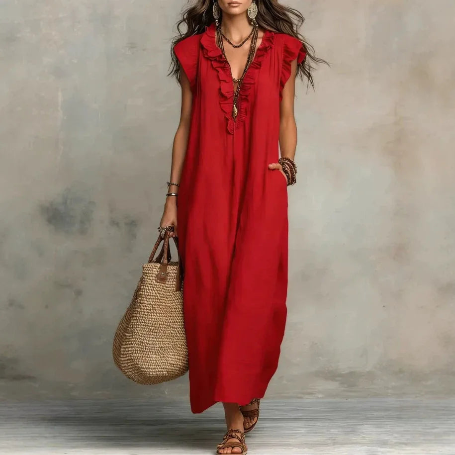 Amara Ruffle V-Neck Maxi Dress