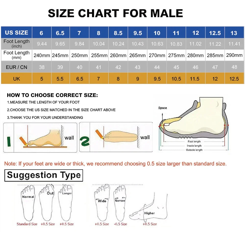 Size chart for male shoes with measurements and instructions on how to choose the correct size.