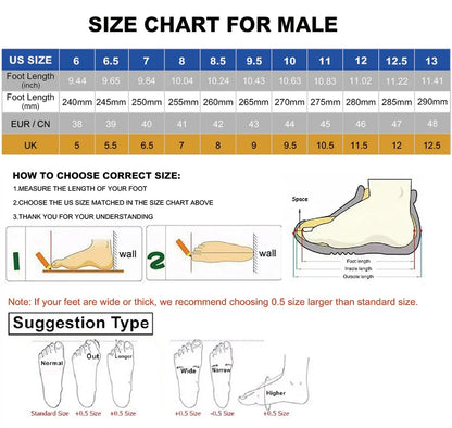 Size chart for male shoes with measurements and instructions on how to choose the correct size.
