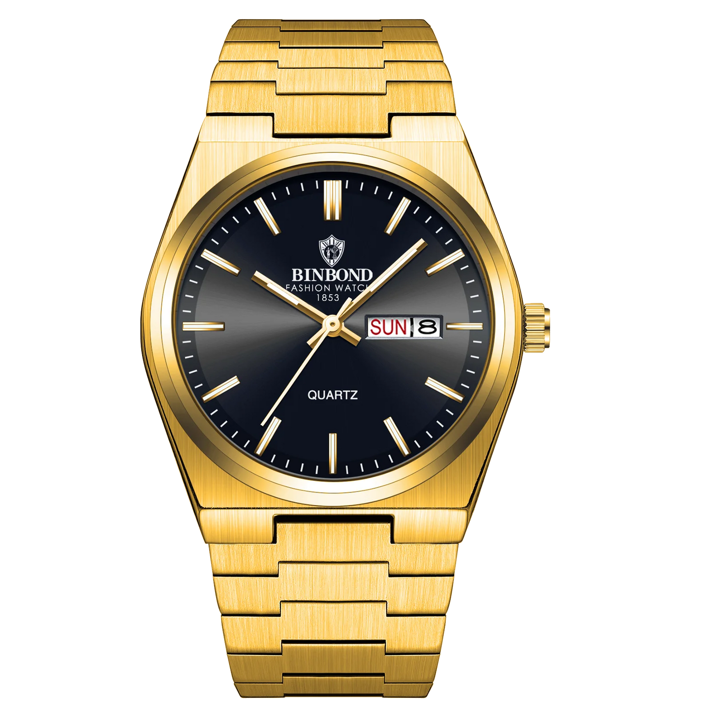 Gold wristwatch with black dial on a white background