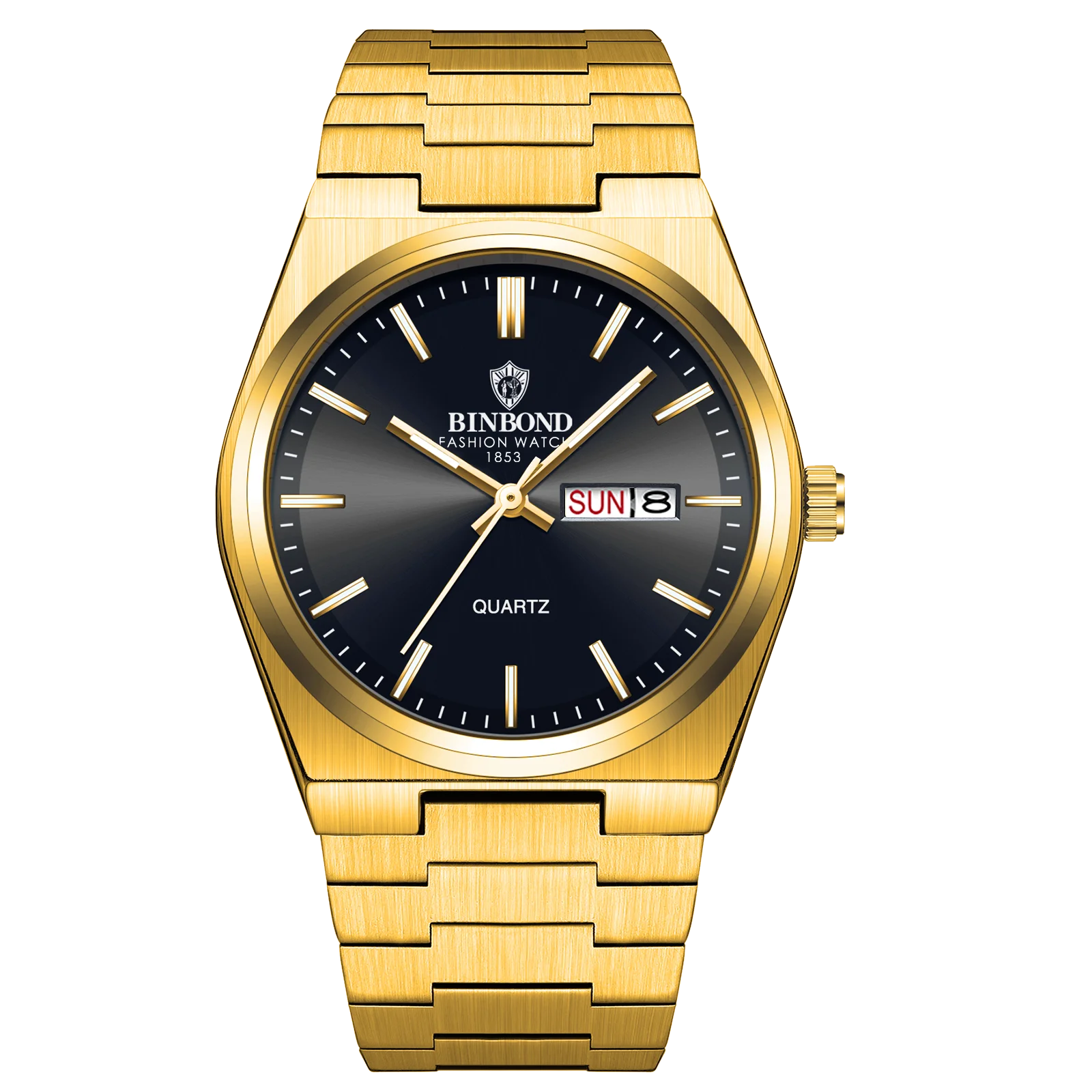 Gold wristwatch with black dial on a white background