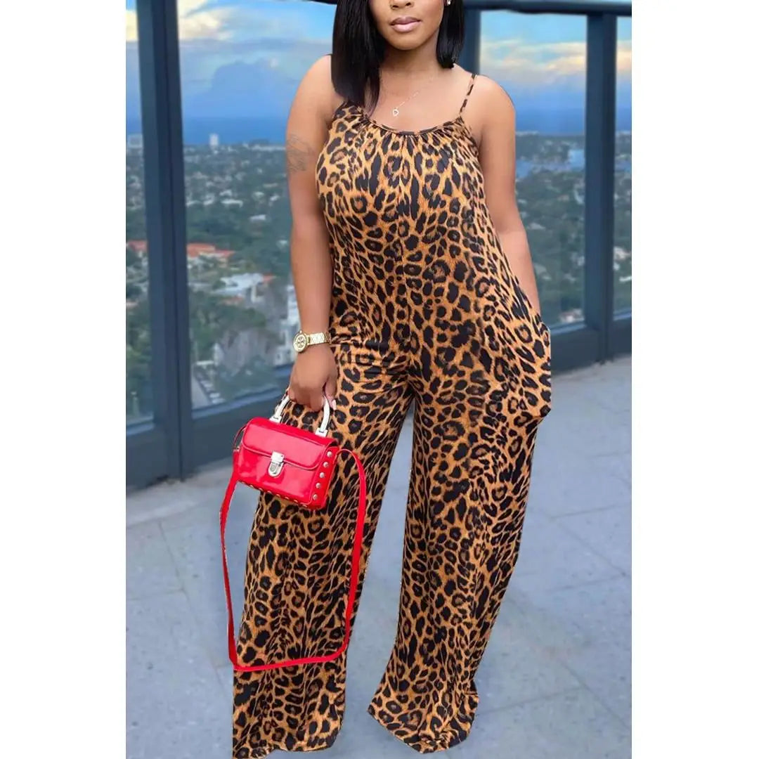 Leopard Print Spaghetti Strap Jumpsuit