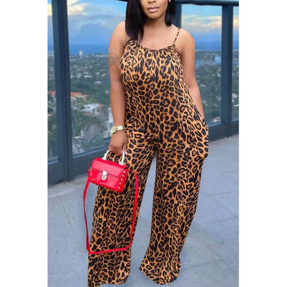 Leopard Print Spaghetti Strap Jumpsuit