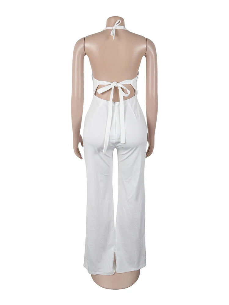 White jumpsuit on a mannequin against a white background