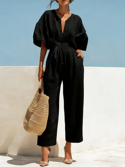 Boho Wide Leg Belted Jumpsuit with Pockets