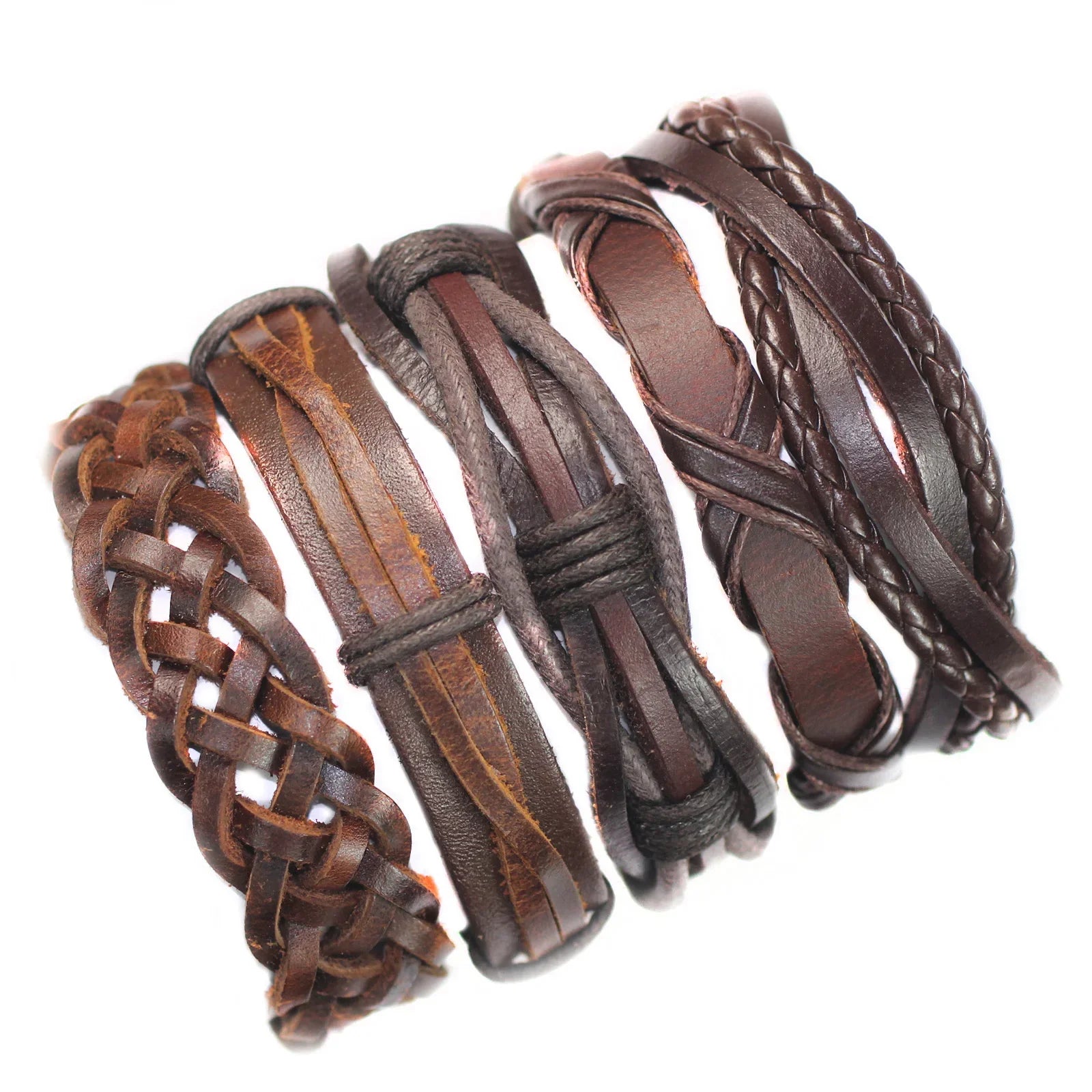 Set of braided leather bracelets on a white background