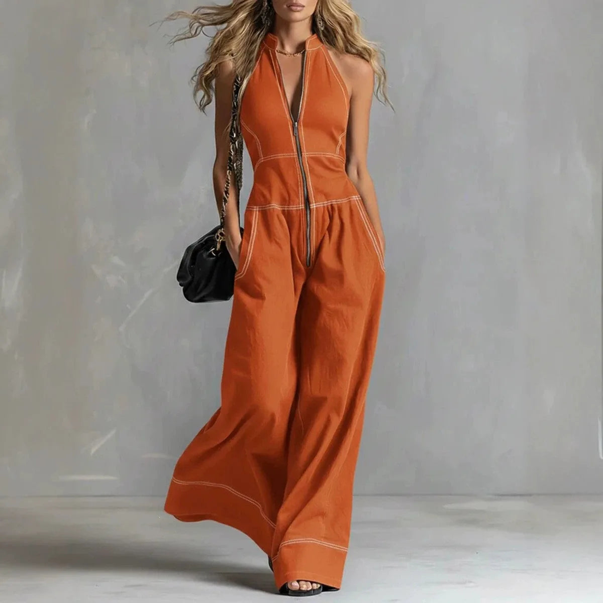 Sleeveless Wide Leg Zipper Jumpsuit