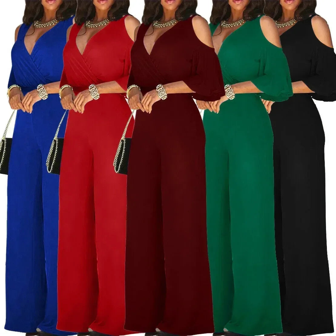 Five women wearing jumpsuits in blue, red, burgundy, green, and black.