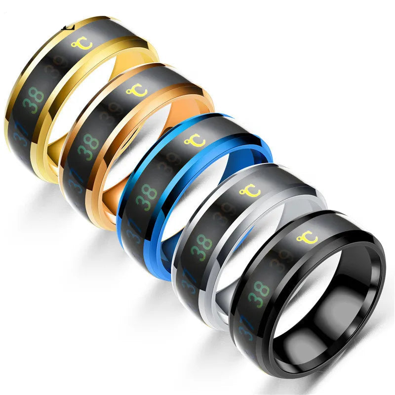 Set of five temperature display rings in various colors on a white background