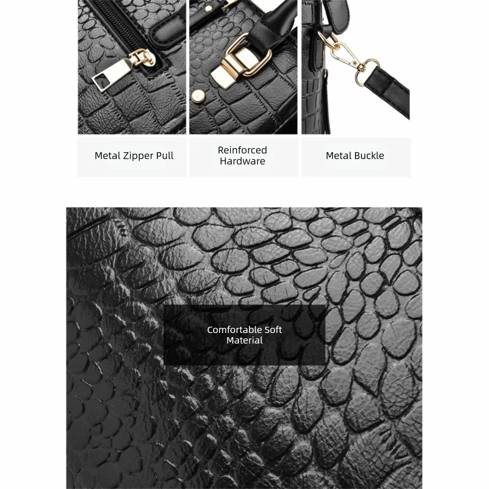 Black textured handbag with metal zipper pull, buckle, and hardware details on a white background.