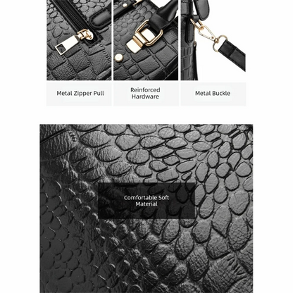Black textured handbag with metal zipper pull, buckle, and hardware details on a white background.