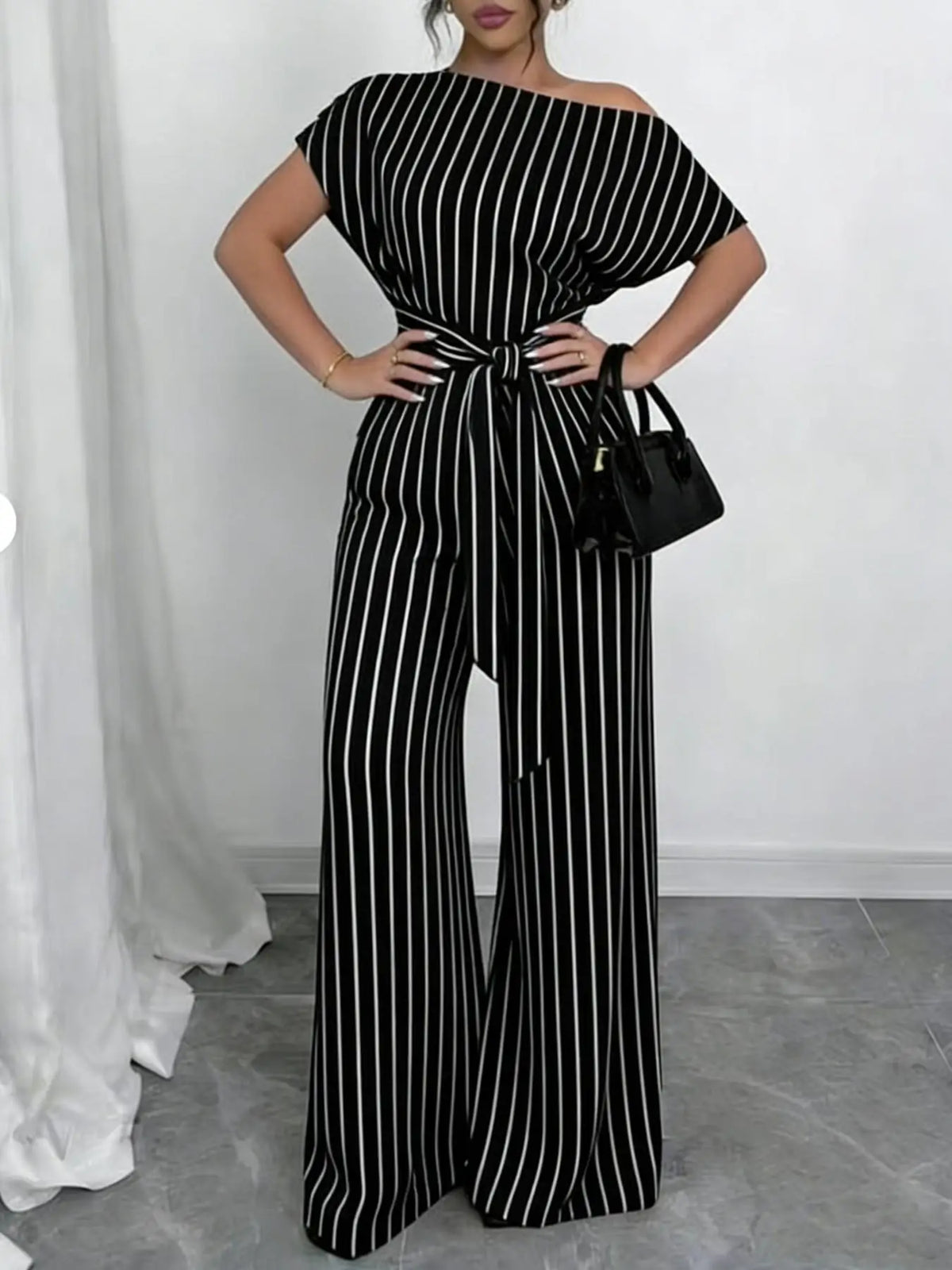 Slanted Shoulder Wide Leg Jumpsuit