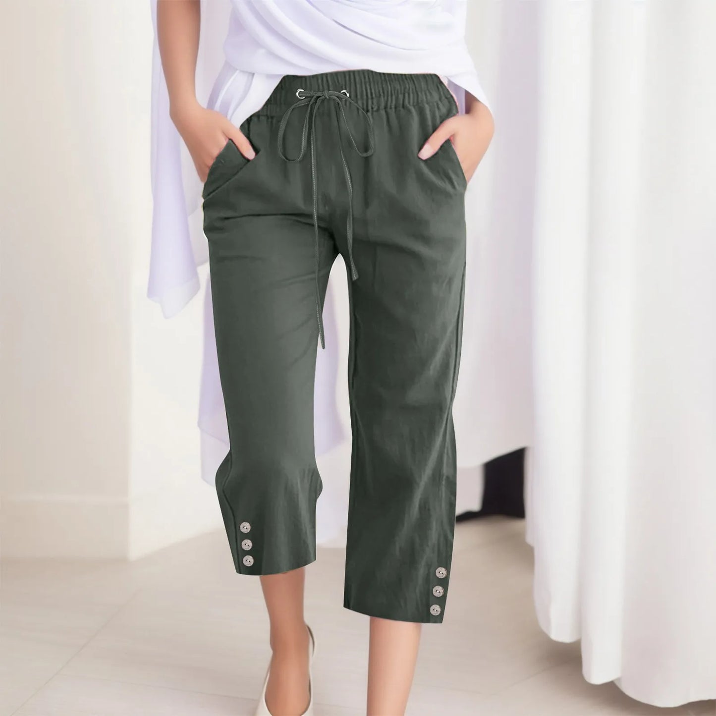 Cotton Linen Capri Pants For Women