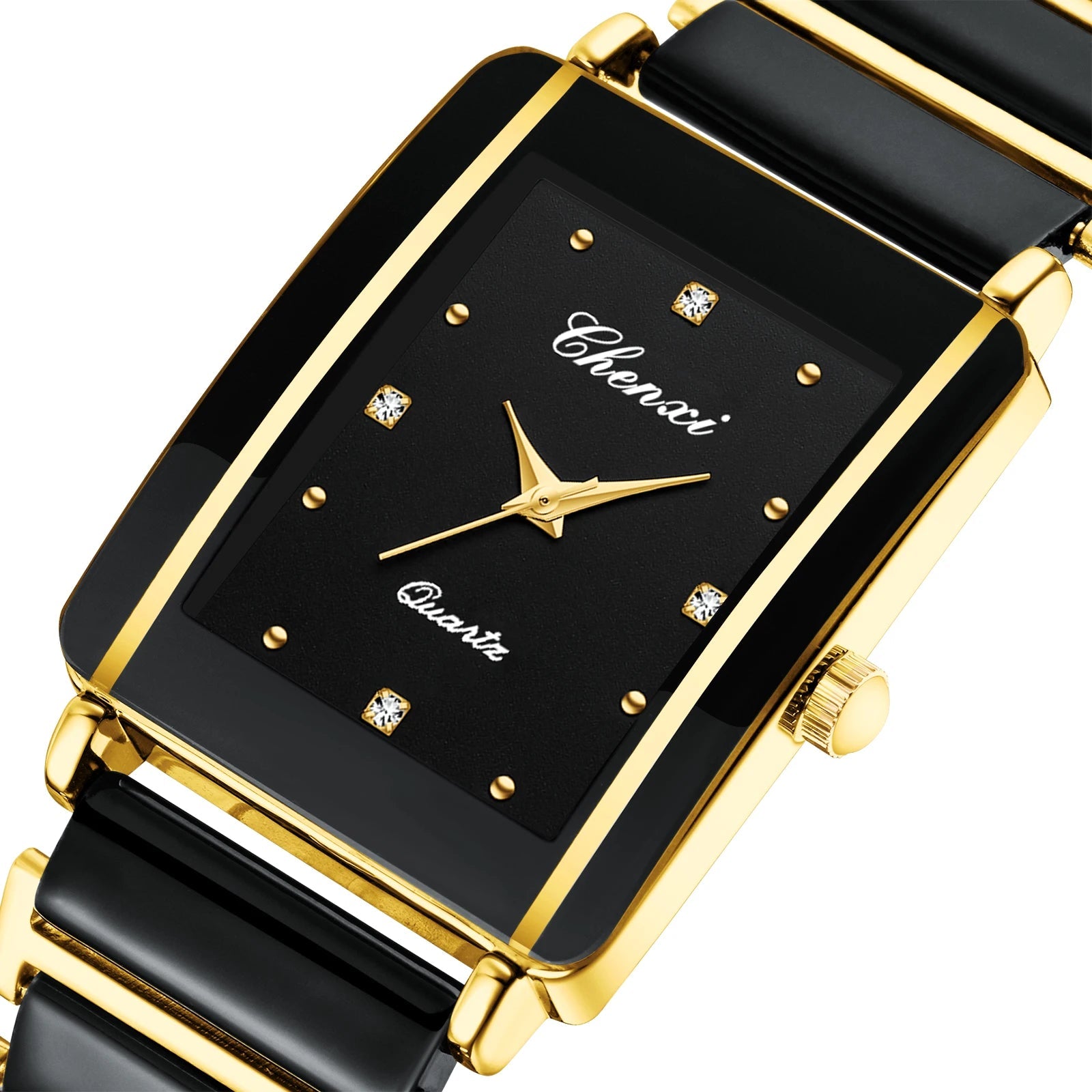 Chenxi watch with black face, gold bezel, and black strap on a white background