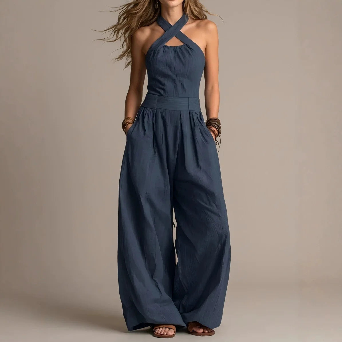 Halter Cross-Neck Wide Leg Jumpsuit