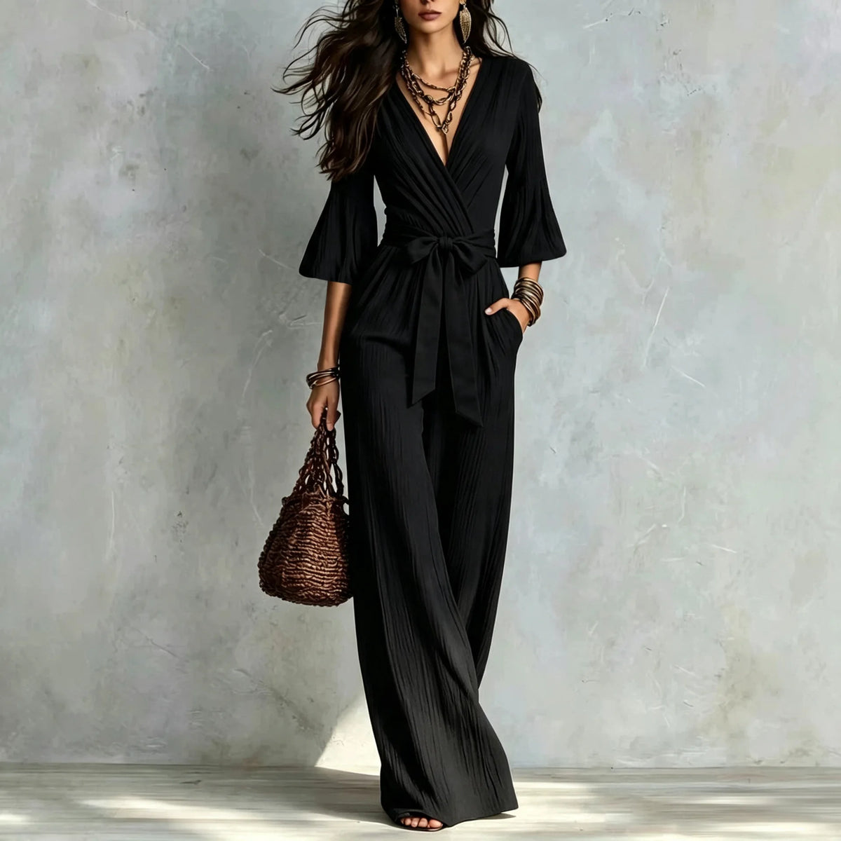 Elegant V-Neck Puff Sleeve Jumpsuit