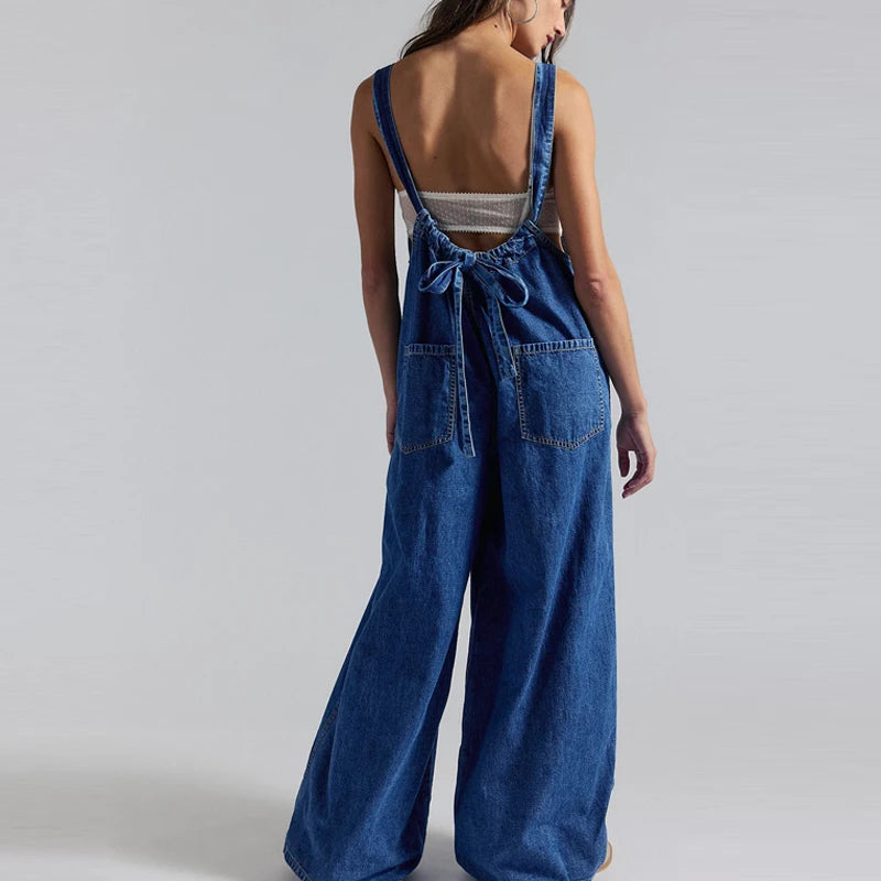 Wide-Leg Denim Overall Jumpsuit