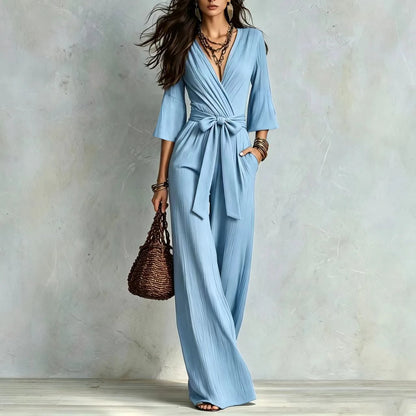 Elegant V-Neck Puff Sleeve Jumpsuit