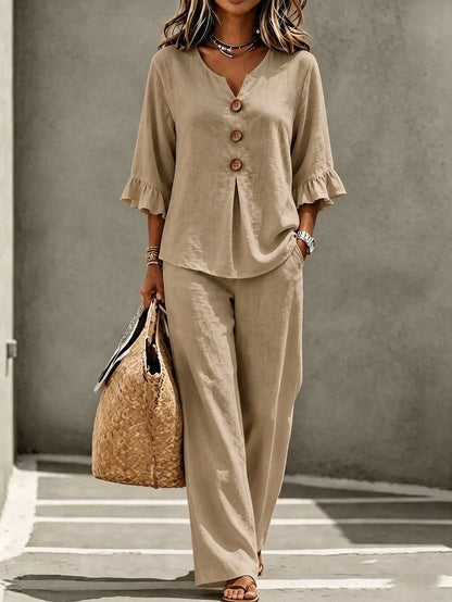Ruffled Linen Look Two Piece Set