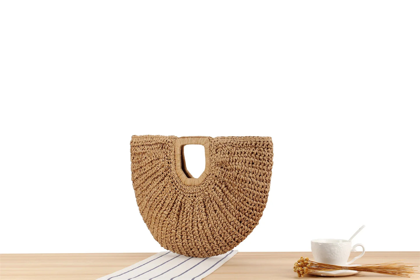 Handmade Half Moon Straw Tote Bag