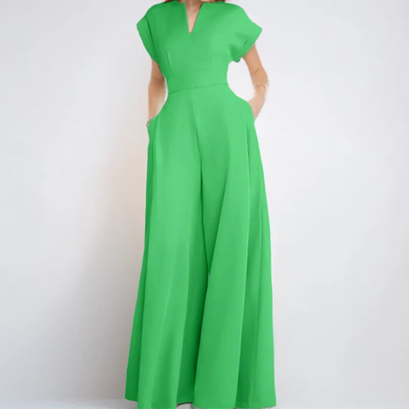 Women's V-Neck Short Sleeve High Waist Wide Leg Jumpsuit