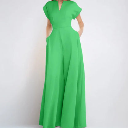 Women's V-Neck Short Sleeve High Waist Wide Leg Jumpsuit