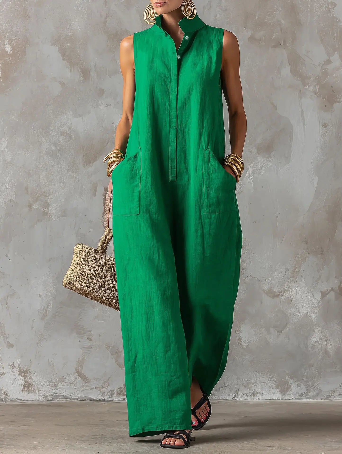 Sleeveless Collared Wide Leg Jumpsuit with Pockets