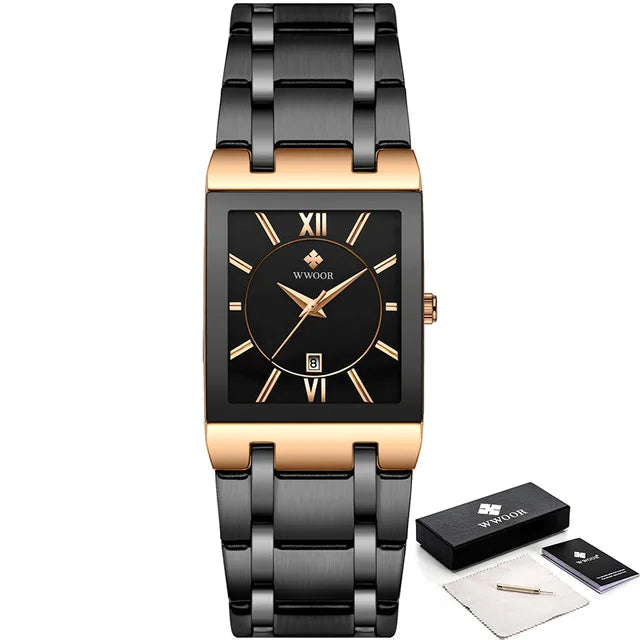 WWOOR watch with black and gold band, black face, and packaging on a white background
