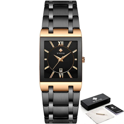 WWOOR watch with black and gold band, black face, and packaging on a white background