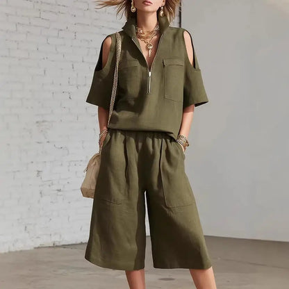 Cold Shoulder Zip Two-Piece Linen Set