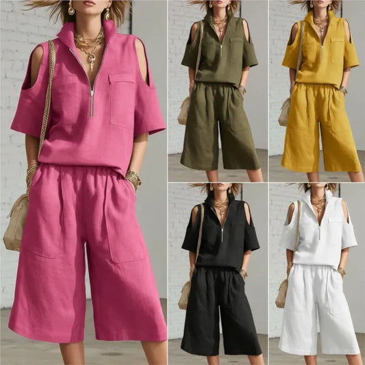 Cold Shoulder Zip Two-Piece Linen Set