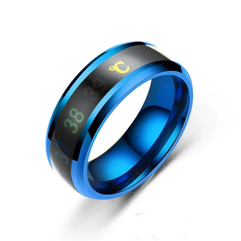 Blue digital temperature ring with brand name on a white background