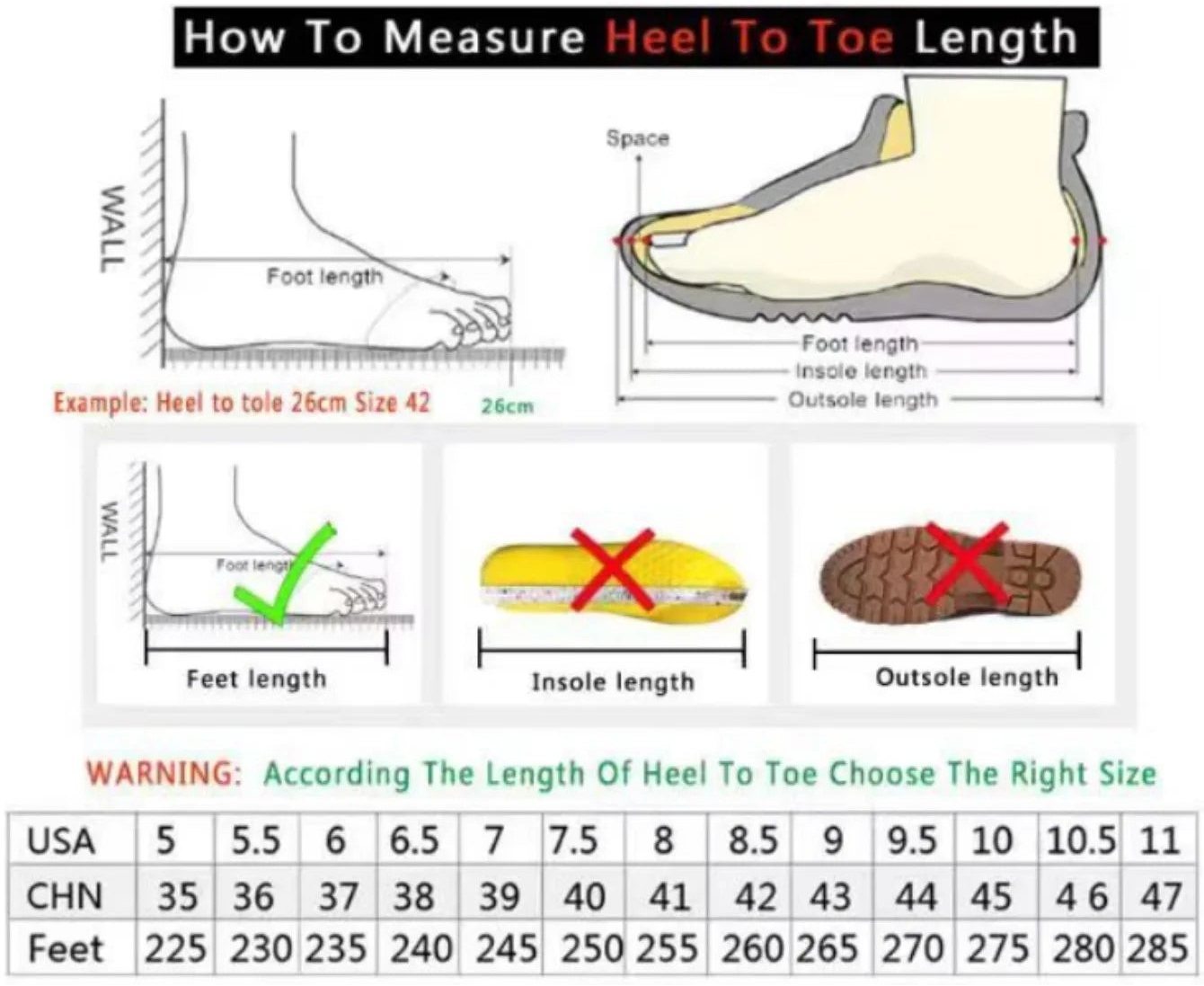 Product information sheet for shoes with measurement guide and contact details.