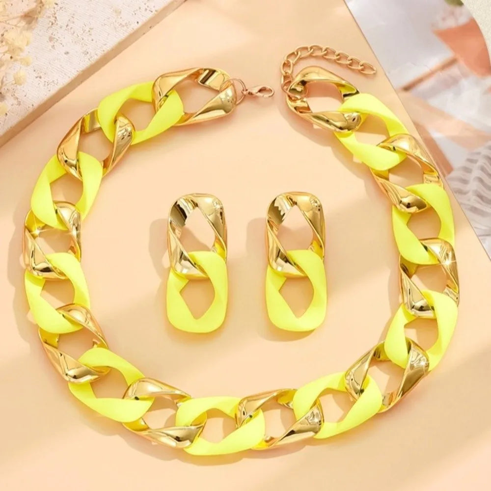 Chunky Dual-Texture Interlocking Link Chain Necklace & Earring Set