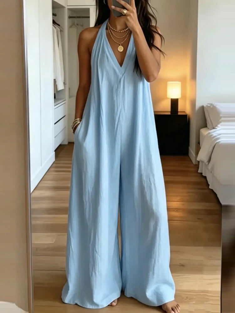 Isadora Wide Leg Halter Neck Jumpsuit with Pockets