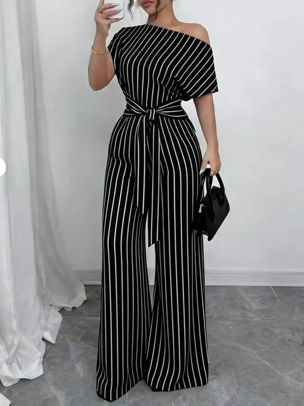 Slanted Shoulder Wide Leg Jumpsuit