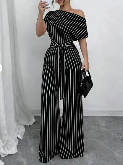 Slanted Shoulder Wide Leg Jumpsuit