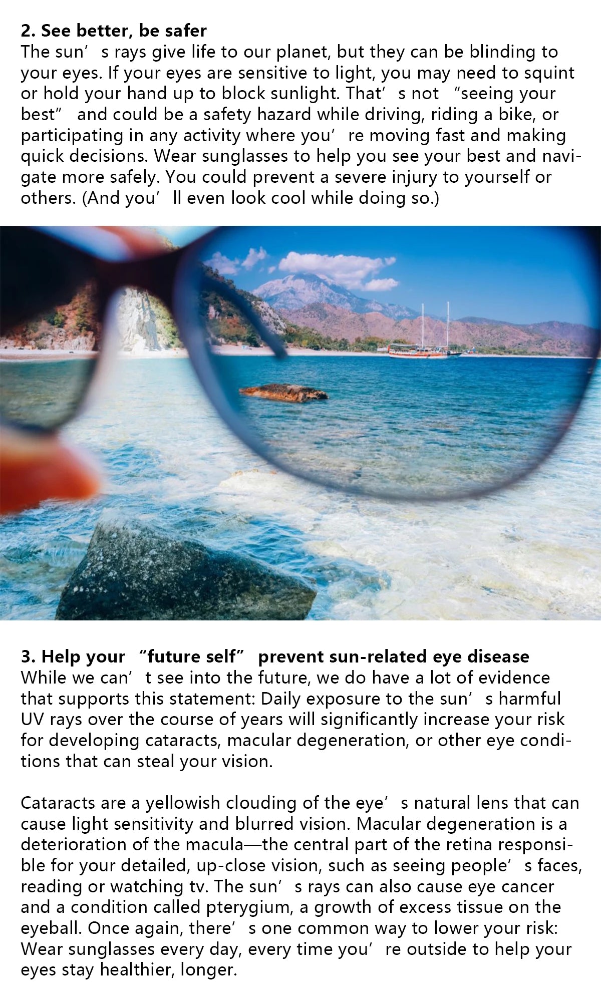 Sunglasses with a scenic background of water and sky.