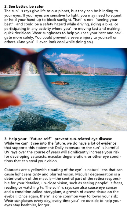 Sunglasses with a scenic background of water and sky.