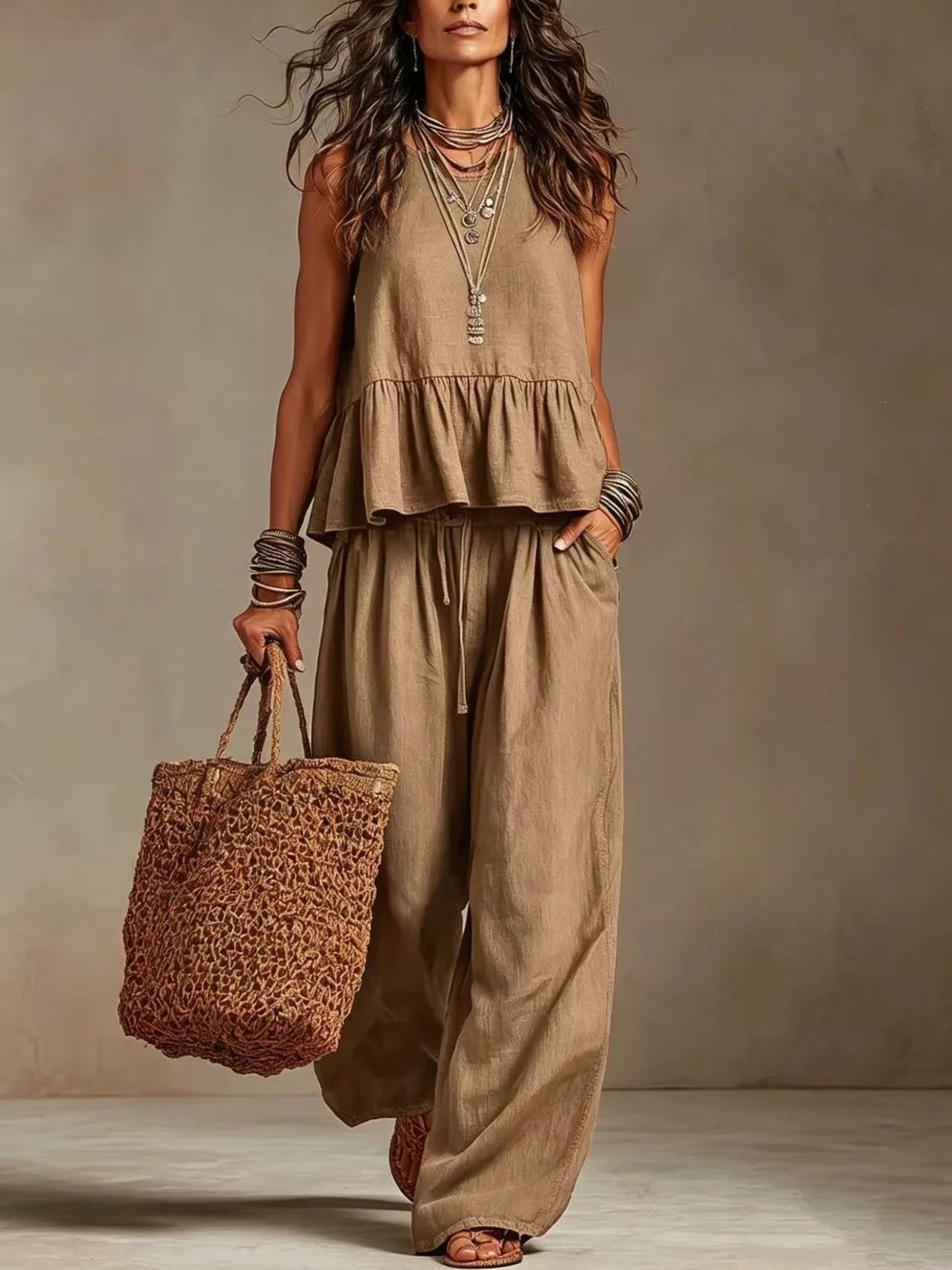 Women's Boho Linen Wide Leg Pant Set
