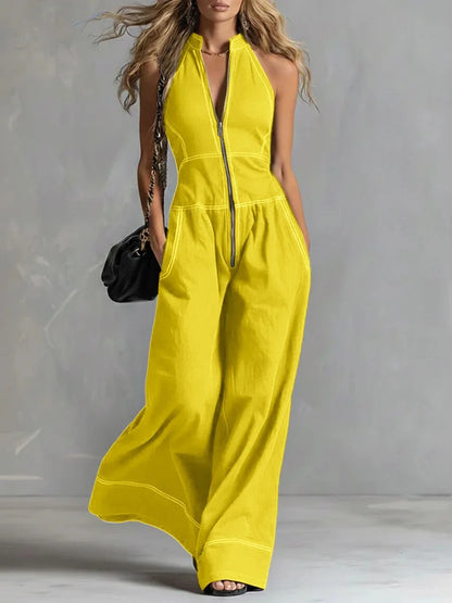 Sleeveless Wide Leg Zipper Jumpsuit